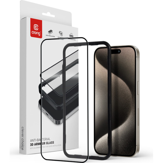 Crong Anti-Bacterial 3D Armour Glass - 9H Full Screen Tempered Glass For Iphone 15 Pro + Installation Frame - (CRG-AB3DAG-IP15P)