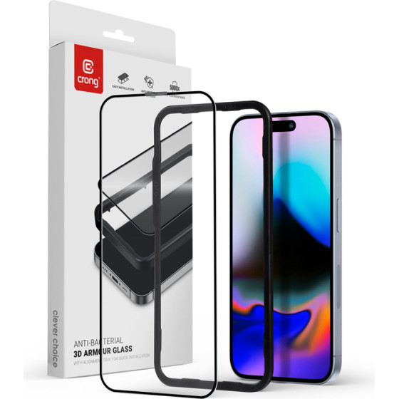 Crong Anti-Bacterial 3D Armour Glass - Tempered Glass 9H For The Entire Screen Iphone 16 Pro + Installation Frame - (CRGAB3DAGIP1663P)