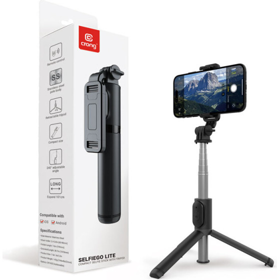 Crong Selfiego Lite - Compact Bluetooth Selfie Stick Tripod (Black) - (CRGSGL1BLK)