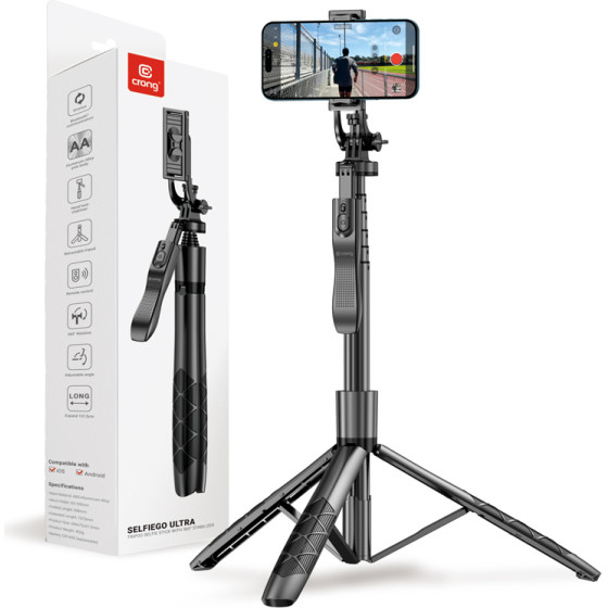 Crong Selfiego Ultra - Aluminum Bluetooth Selfie Stick Tripod (Black) - (CRGSGU1BLK)