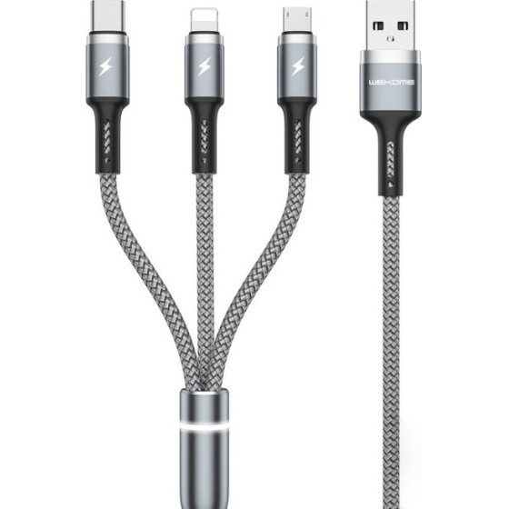 Wekome WDC-119 Fython Series - 3-in-1 USB-A To Lightning + USB-C + Micro Usb Pd Connecting Cable 1.2 m (Silver) - (WK-WDC-119_SILVER)