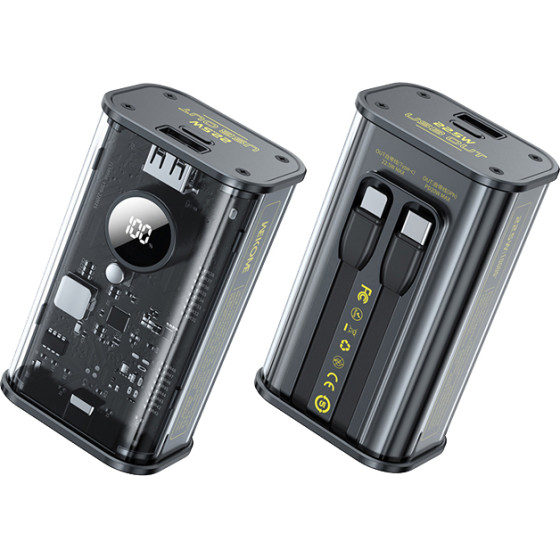 Wekome WP-345 Vanguard Series - Power Bank 10000 Mah Fast Charging With built-In USB-C & Lightning Pd 20W Cable + Qc 22.5W (Black) - (WK-WP-345_BLACK)