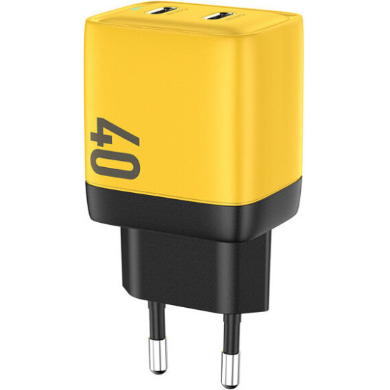 Wekome WP-U128 - 2x USB-C Super Fast Charge Gan 40W Mains Charger (Yellow) - (WK-WP-U128)