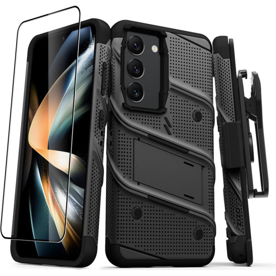 Zizo Bolt Series - Armoured Case For Samsung Galaxy S23 With 9H Glass For Screen + Holder With Stand (Black) - (BOLT-SAMGS23-BKBK)