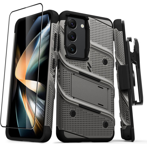 Zizo Bolt Series - Armoured Case For Samsung Galaxy S23 With 9H Glass For Screen + Holder With Stand (Grey) - (BOLT-SAMGS23-MGRBK)