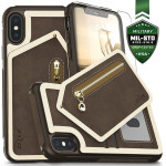 Zizo Nebula Wallet Case - Wallet Back And Zipper Pouch With Tempered Glass Screen Protector For Iphone X (Dark Brown/Brown) - (NEB-IPH8-DBBR)