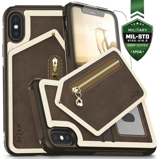 Zizo Nebula Wallet Case - Wallet Back And Zipper Pouch With Tempered Glass Screen Protector For Iphone X (Dark Brown/Brown) - (NEB-IPH8-DBBR)
