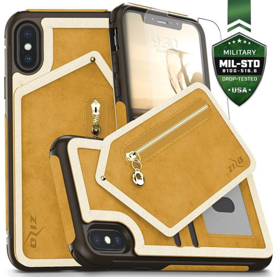 Zizo Nebula Wallet Case - Wallet Back And Zipper Pouch With Tempered Glass Screen Protector For Iphone X (Light Brown/Brown) - (NEB-IPH8-LBBR)