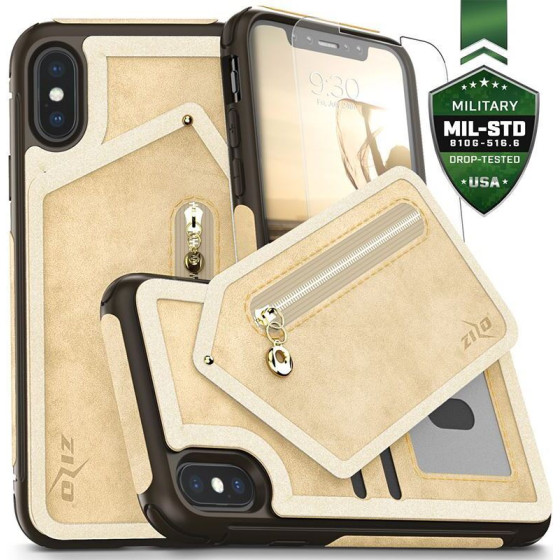 Zizo Nebula Wallet Case - Wallet Back And Zipper Pouch With Tempered Glass Screen Protector For Iphone X (Tan/Brown) - (NEB-IPH8-TNBR)