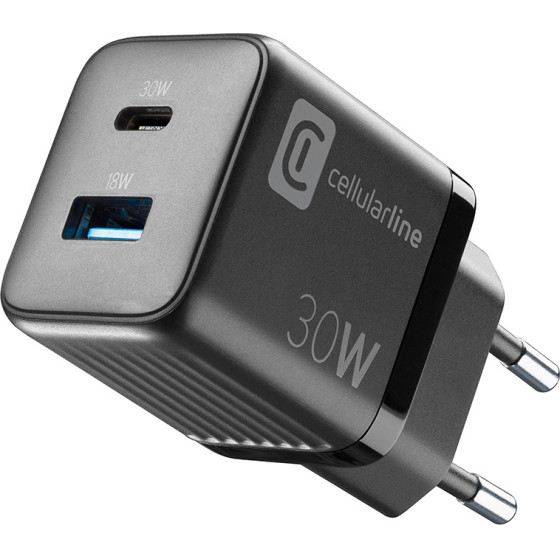 Cellularline Multipower Micro Gan - USB-C & USB-A Power Delivery 30W Mains Charger (black) - (ACHUSBGAN2PD30WK)