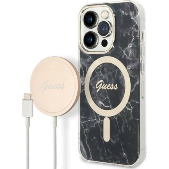 Guess Bundle Pack Magsafe Iml Marble - Set Of Case For Iphone 14 Pro Max + Magsafe Charger (Black/Gold) - (GUBPP14XHMEACSK)