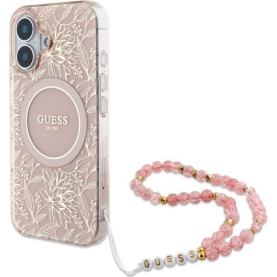 Guess Iml Flowers Allover Electro With Pearl Strap Magsafe - Case For Iphone 16 (Pink) - (GUHMP16SHCPOFPP)