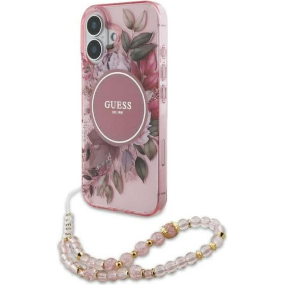 Guess Iml Flowers With Pearl Strap Magsafe - Case For Iphone 16 Plus (Pink) - (GUHMP16MHFWBRCESP)