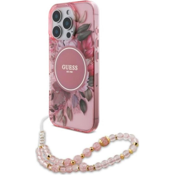 Guess Iml Flowers With Pearl Strap Magsafe - Case For Iphone 16 Pro (Pink) - (GUHMP16LHFWBRCESP)