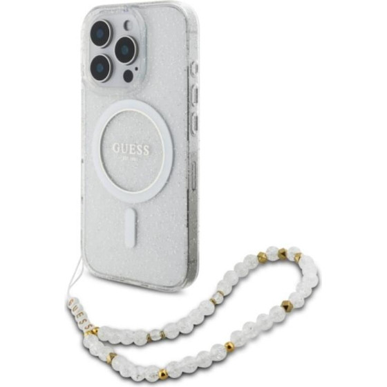 Guess Iml Glitter With Pearl Strap Magsafe - Case For Iphone 16 Pro (Transparent) - (GUHMP16LHGCRELST)