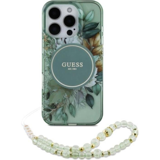 Guess ���� PU/ Silicon Iphone 16 Pro Max Iml Flowers Magsafe �� Pearl Strap ������� - (GUHMP16XHFWBRCESN)