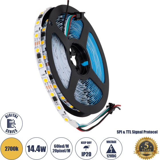 GloboStar Digipro ������� Pixel Addressable ������ Led 14.4W/m 1296lm/m 120� Dc 12V IP20 60xSmd 5050 Chip/m 20xPixel/m ����� ����� 2700K Dimmable SPI/Ttl Protocol Ic WS2811/UCS16703 -�500x�1x�0.2cm- ���� 5 ������ - 5 ��� ������� - (90588)