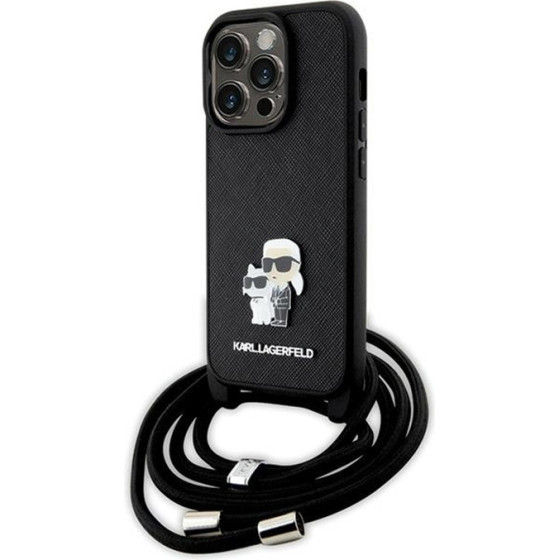Karl Lagerfeld Crossbody Saffiano Metal Pin Karl & Choupette - iPhone 14 Pro Case (Black) - (KLHCP14LSAKCPSK)