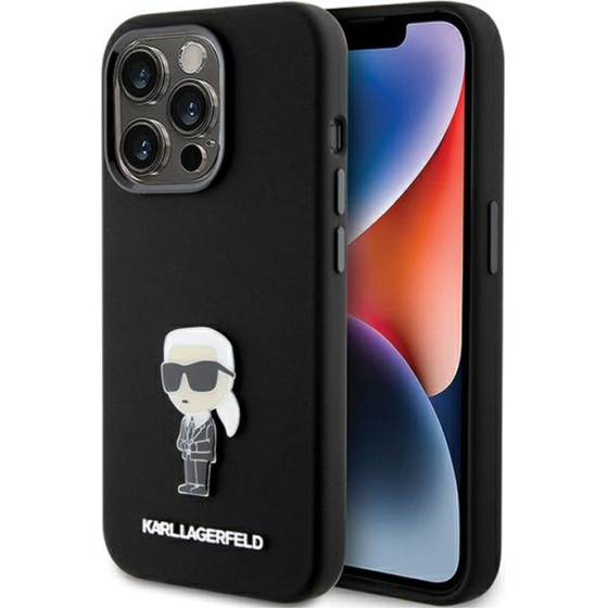 Karl Lagerfeld Silicone Ikonik Metal Pin - iPhone 15 Pro Max Case (Black) - (KLHCP15XSMHKNPK)