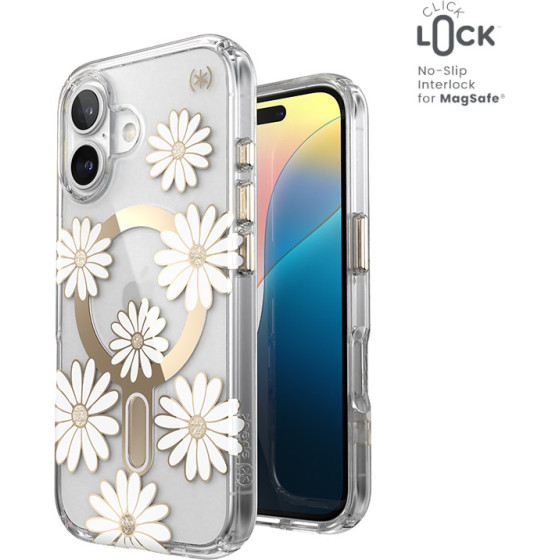 Speck Presidio Lux ClickLock & MagSafe - Case for iPhone 16 (Sunshine Daisies / Clear / Gold) - (150745-3257)