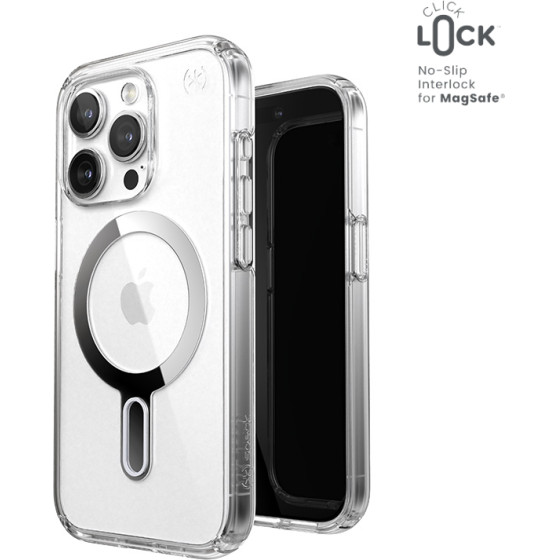 Speck Presidio Perfect-Clear ClickLock & Magsafe - Case for iPhone 15 Pro (Clear / Chrome Finish / Serene Silver) - (150449-3199)
