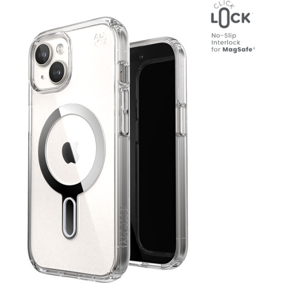 Speck Presidio Perfect-Clear ClickLock & Magsafe - Case for iPhone 16e / iPhone 15 / iPhone 14 / iPhone 13 (Clear / Chrome Finish / Serene Silver) - (150441-3199)