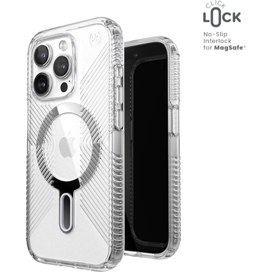 Speck Presidio Perfect-Clear Grip ClickLock & Magsafe - Case for iPhone 15 Pro (Clear / Chrome Finish / Serene Silver) - (150451-3199)