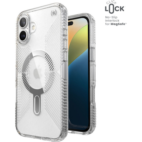 Speck Presidio Perfect-Clear Grip ClickLock & MagSafe - Case for iPhone 16 Plus (Clear / Chrome Finish / Serene Silver) - (150716-3199)
