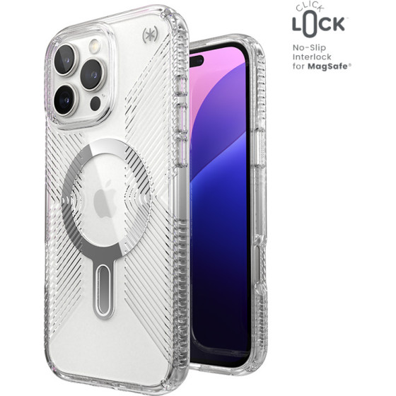 Speck Presidio Perfect-Clear Grip ClickLock & MagSafe - Case for iPhone 16 Pro Max (Clear / Chrome Finish / Serene Silver) - (150728-3199)