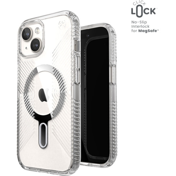 Speck Presidio Perfect-Clear Grip ClickLock & MagSafe - Case for iPhone 16e / iPhone 15 / iPhone 14 / iPhone 13 (Clear / Chrome Finish / Serene Silver) - (150443-3199)