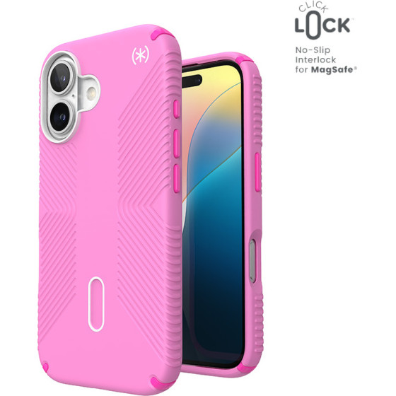 Speck Presidio2 Grip ClickLock & MagSafe - Case for iPhone 16 (True Pink / Shocking Pink / White) - (150689-3249)