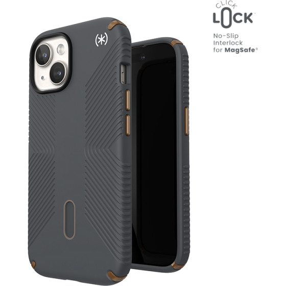 Speck Presidio2 Grip ClickLock & MagSafe - Case for iPhone 16e / iPhone 15 / iPhone 14 / iPhone 13 (Charcoal Grey/Cool Bronze) - (150439-3212)