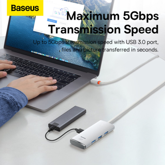 Baseus USB-C Hub Lite, 4 x USB-A 3.2, 2m, White
