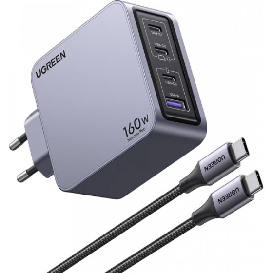 UGREEN Wall Charger X763 Nexode Pro, 160W, 3.25A, 1 x USB-A - 3 x USB-C, with USB-C Cable, Grey