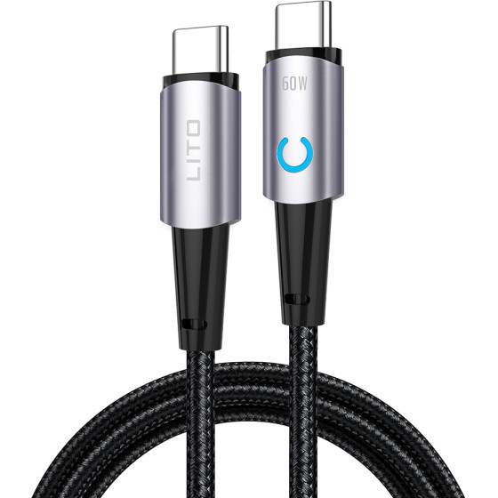 Lito - Data Cable (LD10) - Type-C to Type-C Fast Charging 60W, with LED, 1.2m - Black