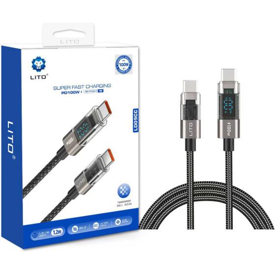 Lito - Data Cable - Lightning to Type-C, 100W High Speed Charging, LED Display, 1.2m - Black - (LD09)