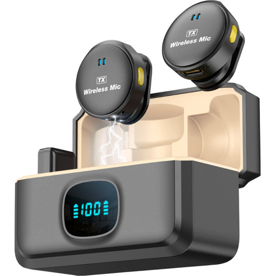 Techsuit - (2 pack) Lavalier Wireless (LW5) - with Receiver, Type-C, Noise Reduction 2.0, Digital Display - Black - (LW5;TYPEC)