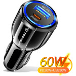Techsuit - Car Charger Premium - USB-A QC5.0 30W, USB-C PD30W, Total 60W, LED Light - Black - (TE-022)