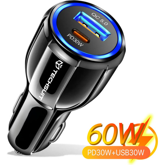 Techsuit - Car Charger Premium - USB-A QC5.0 30W, USB-C PD30W, Total 60W, LED Light - Black - (TE-022)