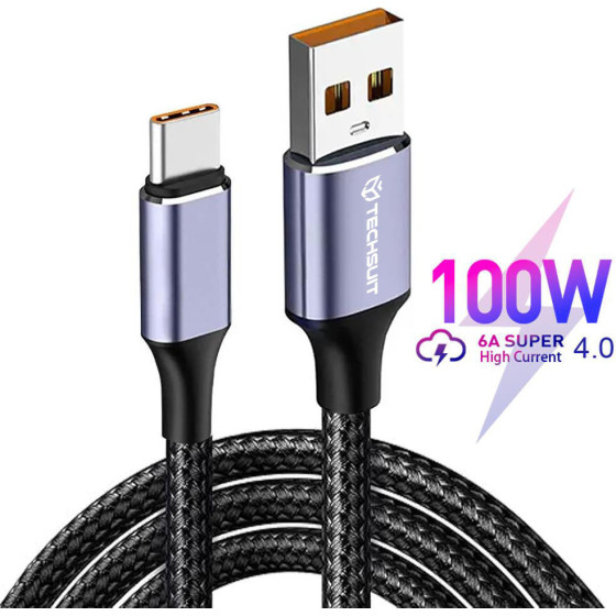 Techsuit - Data Cable (PCB018) - USB-A to Type-C, Super Fast Charging, 100W, 480Mbps, 6A, Nylon, Aluminum Alloy, 1m - Black