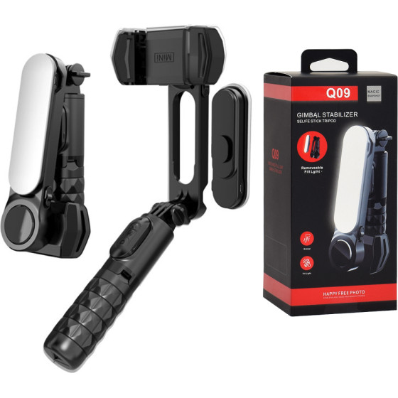 Techsuit - Gimbal Mini Selfie Stick (Q09) - Stabilizer Tripod with LED Light and Bluetooth Remote Control, 70cm - Black