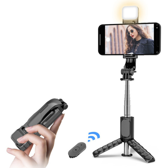 Techsuit - Mini Selfie Stick (Q11s) - Stable Tripod with Bluetooth Remote Control and Fill Light, 360 Rotation, 76cm - Black - (Q11S;TECHSUIT)
