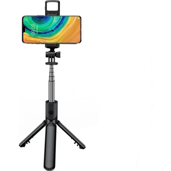 Techsuit - Mini Selfie Stick - Stable & Compact Tripod Mount, Bluetooth Remote Control, LED Light, 67cm - Black - (S03-S)