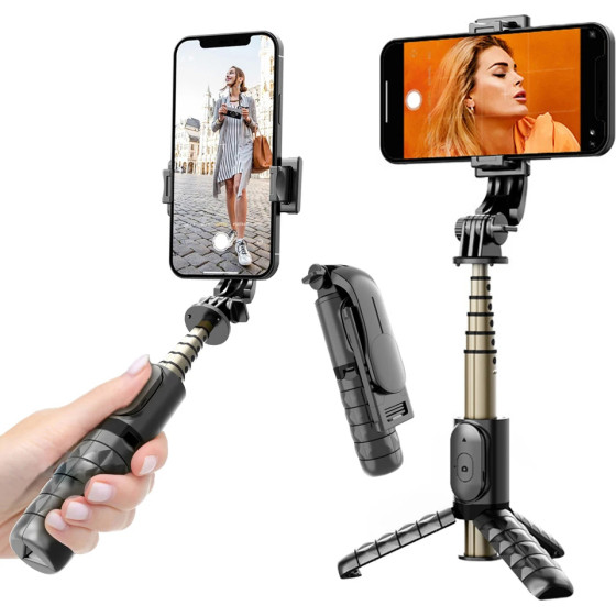Techsuit - Mini Selfie Stick - Stable Gimbal/Tripod with Bluetooth Remote Control, Fill Light, 360 Rotation, 68cm - Black - (Q10)