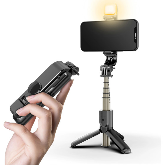 Techsuit - Mini Selfie Stick - Stable Tripod with Bluetooth Remote Control and Fill Light, 70cm - Black - (L10S)