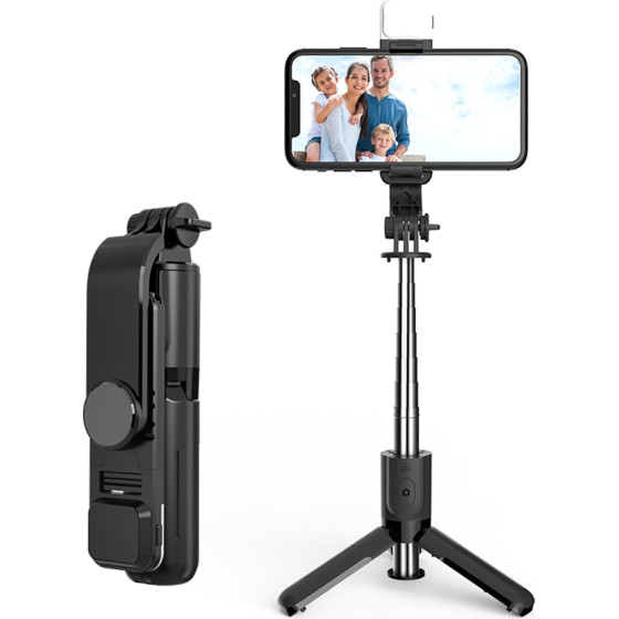 Techsuit - Mini Selfie Stick - Stable Tripod with Bluetooth Remote Control and LED Light, 75cm - Black - (L11S)