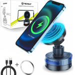 Techsuit - Premium Car Holder with Wireless Charging (HOLD253) - MagSafe N52 Magnets, Powerful Suction Cup, Dashboard - Black