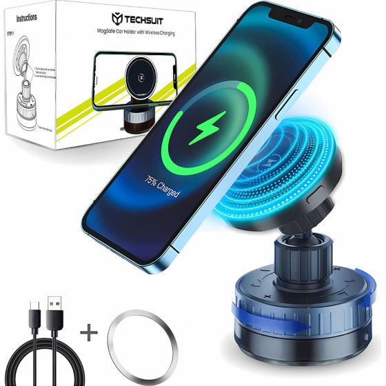 Techsuit - Premium Car Holder with Wireless Charging (HOLD253) - MagSafe N52 Magnets, Powerful Suction Cup, Dashboard - Black