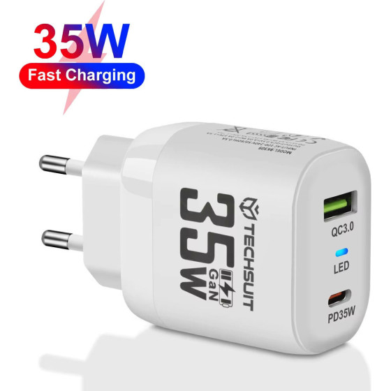 Techsuit - Premium Wall Charger - GaN, USB QC3.0, Type-C PD35W - White - (CHPD174)