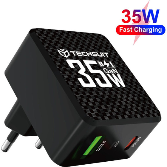 Techsuit - Premium Wall Charger Tiny Series - GaN, USB, Type-C, Fast Charge, PD35W - Black - (CHPD173)